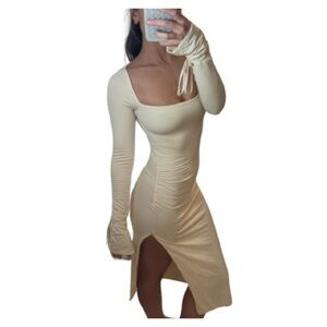 Oh Polly Cream Midi Dress with Side Slit